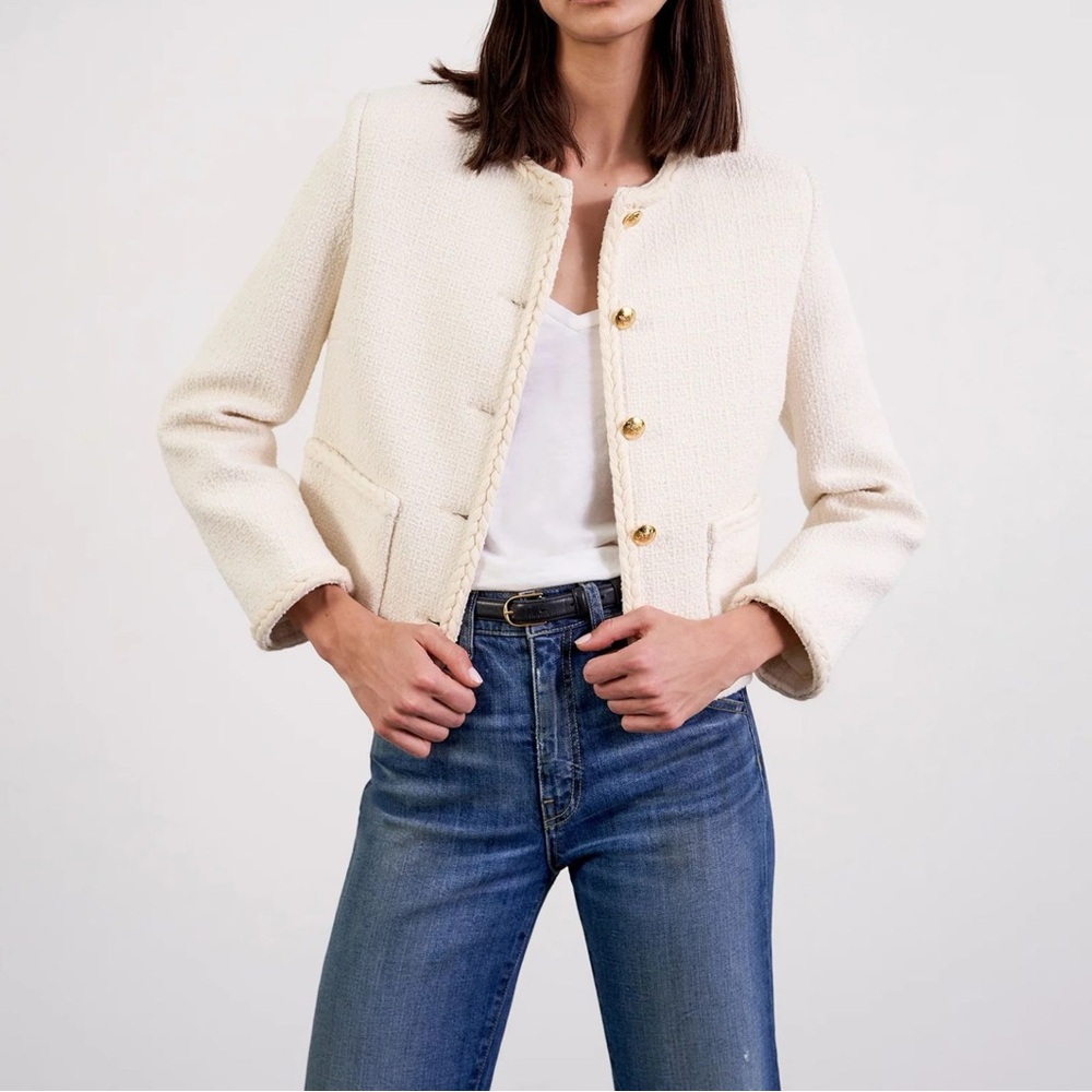 NWOT Nili Lotan Romy Cropped Jacket Ivory White 4 Cotton Blend Tweed Boucle